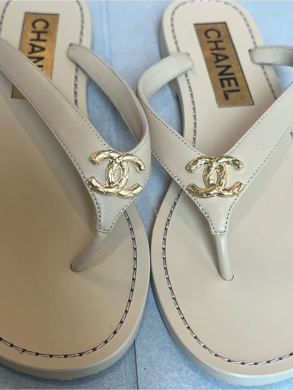 Chanel thong sandals size 36 beige with gold cc